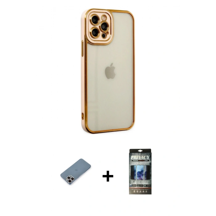 MARSİLYAN™- iPhone 12 Pro Kılıf Çekirdek Klasik Serisi - Siyah 34D Hayalet Izgaralı Cam + Metal Kamera Lens Koruma Cam - MR