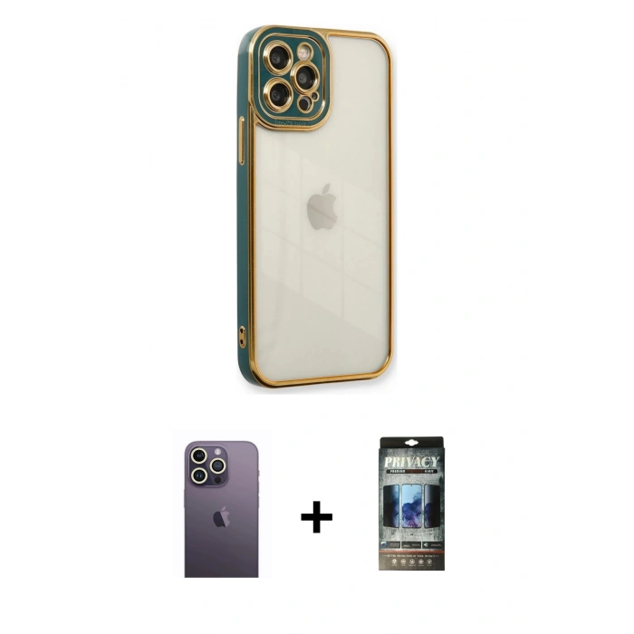MARSİLYAN™- iPhone 12 Pro Kılıf Çekirdek Klasik Serisi - Siyah 34D Hayalet Izgaralı Cam + Neon Fosforlu Kamera Lens - BZ