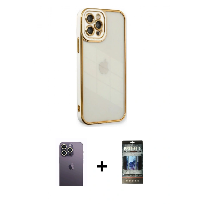 MARSİLYAN™- iPhone 12 Pro Kılıf Çekirdek Klasik Serisi - Siyah 34D Hayalet Izgaralı Cam + Neon Fosforlu Kamera Lens - BZ