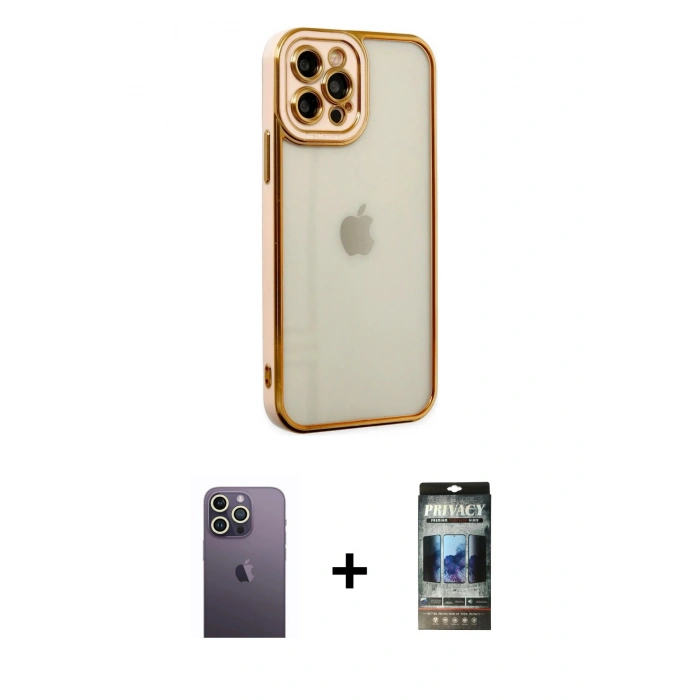 MARSİLYAN™- iPhone 12 Pro Kılıf Çekirdek Klasik Serisi - Siyah 34D Hayalet Izgaralı Cam + Neon Fosforlu Kamera Lens - BZ