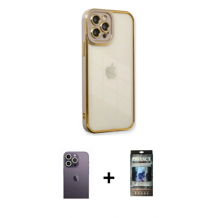 MARSİLYAN™- iPhone 12 Pro Kılıf Çekirdek Klasik Serisi - Siyah 34D Hayalet Izgaralı Cam + Neon Fosforlu Kamera Lens - BZ