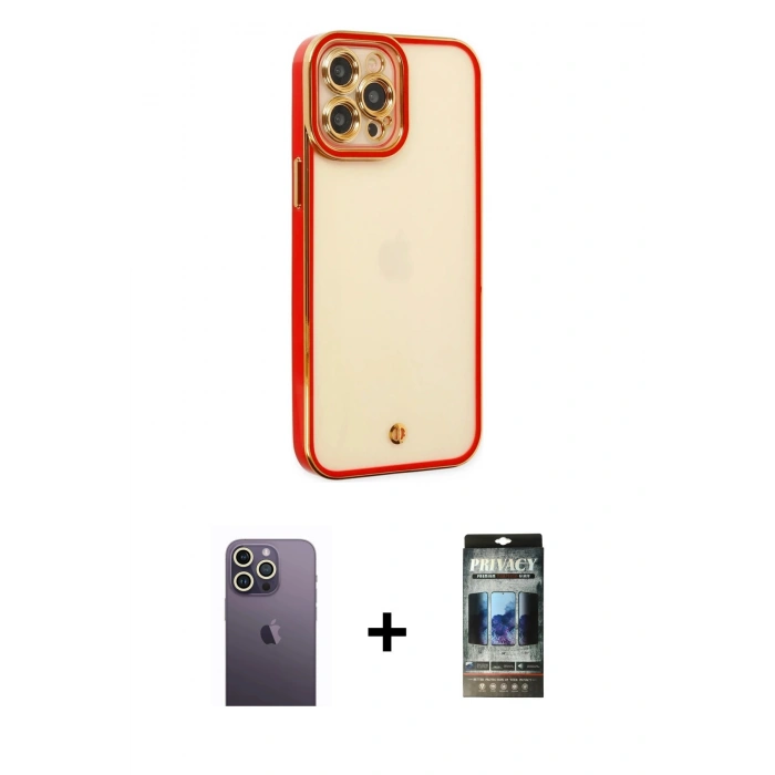 MARSİLYAN™- iPhone 12 Pro Kılıf Çekirdek Klasik Serisi - Siyah 34D Hayalet Izgaralı Cam + Neon Fosforlu Kamera Lens - BZ