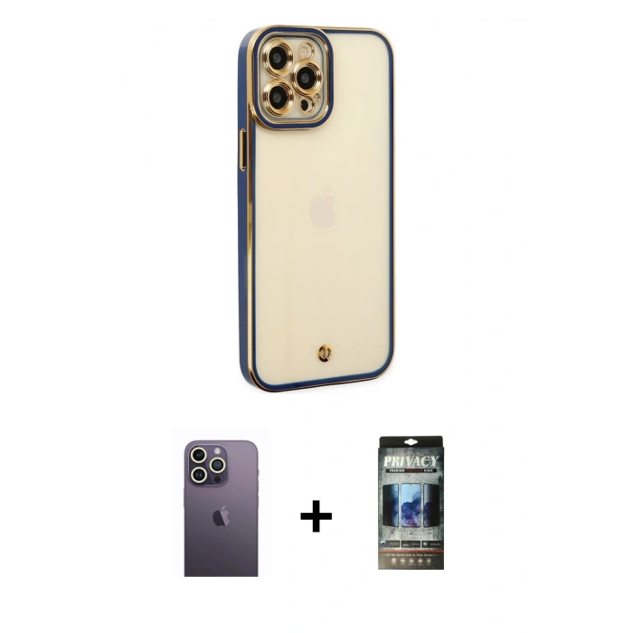MARSİLYAN™- iPhone 12 Pro Kılıf Çekirdek Klasik Serisi - Siyah 34D Hayalet Izgaralı Cam + Neon Fosforlu Kamera Lens - BZ