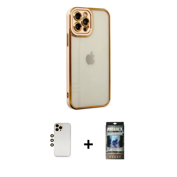 MARSİLYAN™- iPhone 12 Pro Kılıf Çekirdek Klasik Serisi - Siyah 34D Hayalet Izgaralı Cam + Shine Kamera Lens - GD