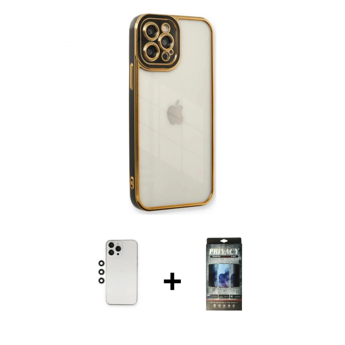 MARSİLYAN™- iPhone 12 Pro Kılıf Çekirdek Klasik Serisi - Siyah 34D Hayalet Izgaralı Cam + Shine Kamera Lens - GS