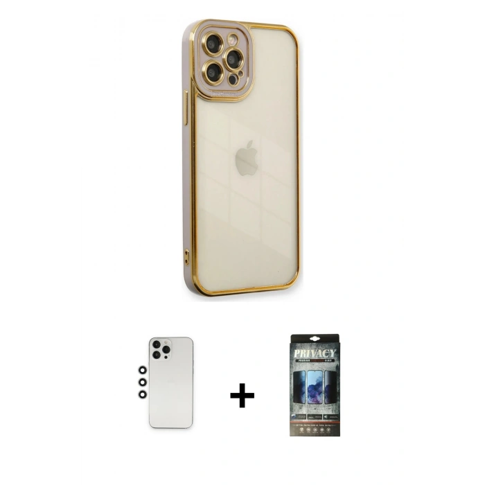 MARSİLYAN™- iPhone 12 Pro Kılıf Çekirdek Klasik Serisi - Siyah 34D Hayalet Izgaralı Cam + Shine Kamera Lens - GS