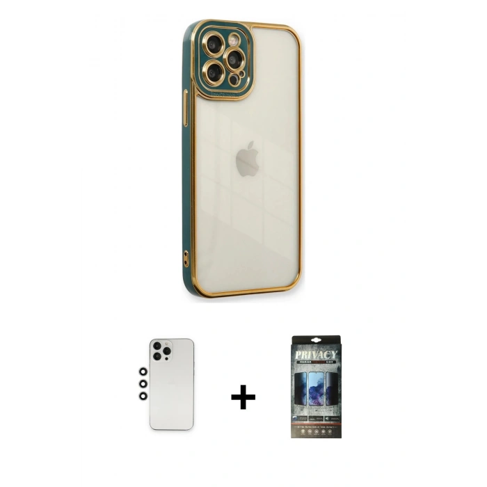 MARSİLYAN™- iPhone 12 Pro Kılıf Çekirdek Klasik Serisi - Siyah 34D Hayalet Izgaralı Cam + Shine Kamera Lens - GS