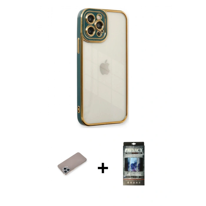 MARSİLYAN™- iPhone 12 Pro Kılıf Çekirdek Klasik Serisi - Siyah 34D Hayalet Izgaralı Cam + Shine Kamera Lens Koruma Cam - SABE