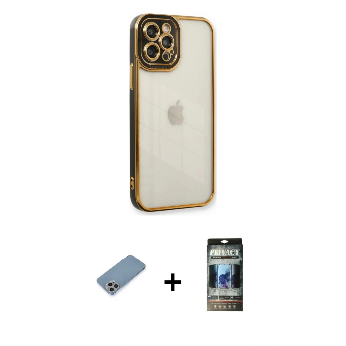 MARSİLYAN™- iPhone 12 Pro Kılıf Çekirdek Klasik Serisi - Siyah 34D Hayalet Izgaralı Cam + Shine Kamera Lens Koruma Cam - GI