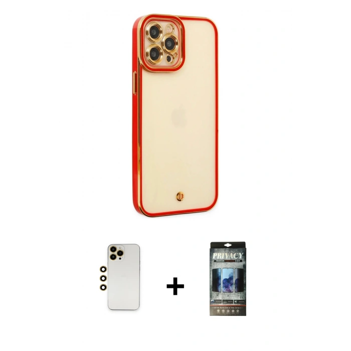 MARSİLYAN™- iPhone 12 Pro Kılıf Çekirdek Klasik Serisi - Siyah 34D Hayalet Izgaralı Cam + Shine Kamera Lens - GD