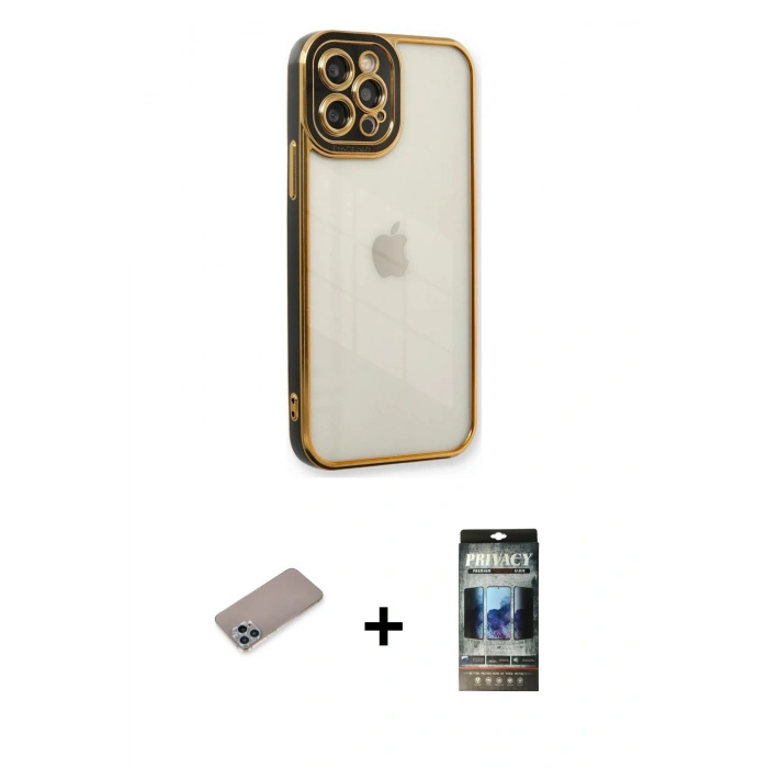MARSİLYAN™- iPhone 12 Pro Kılıf Çekirdek Klasik Serisi - Siyah 34D Hayalet Izgaralı Cam + Shine Kamera Lens Koruma Cam - SABE