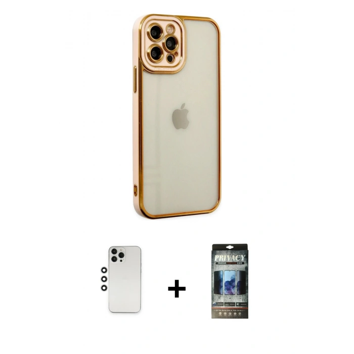 MARSİLYAN™- iPhone 12 Pro Kılıf Çekirdek Klasik Serisi - Siyah 34D Hayalet Izgaralı Cam + Shine Kamera Lens - GS