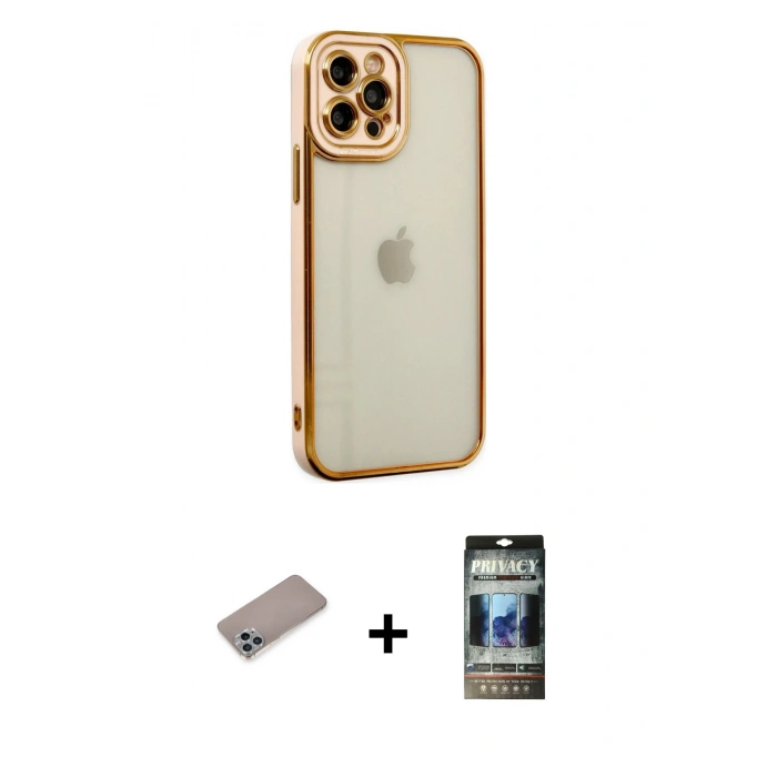 MARSİLYAN™- iPhone 12 Pro Kılıf Çekirdek Klasik Serisi - Siyah 34D Hayalet Izgaralı Cam + Shine Kamera Lens Koruma Cam - SABE