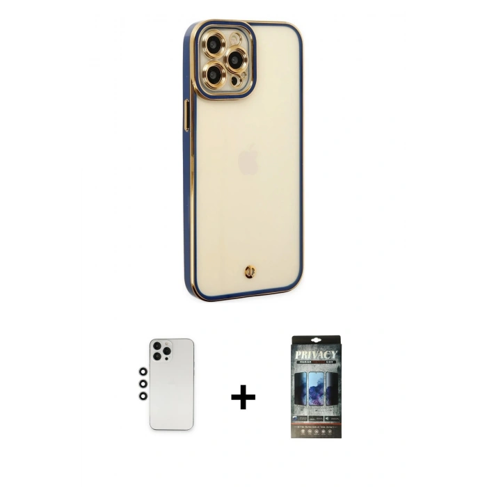 MARSİLYAN™- iPhone 12 Pro Kılıf Çekirdek Klasik Serisi - Siyah 34D Hayalet Izgaralı Cam + Shine Kamera Lens - GS