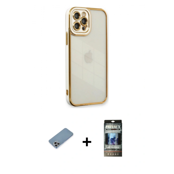 MARSİLYAN™- iPhone 12 Pro Kılıf Çekirdek Klasik Serisi - Siyah 34D Hayalet Izgaralı Cam + Shine Kamera Lens Koruma Cam - GI