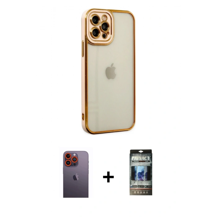 MARSİLYAN™- iPhone 12 Pro Kılıf Çekirdek Klasik Serisi - Siyah 34D Hayalet Izgaralı Cam + Neon Fosforlu Kamera Lens - TU