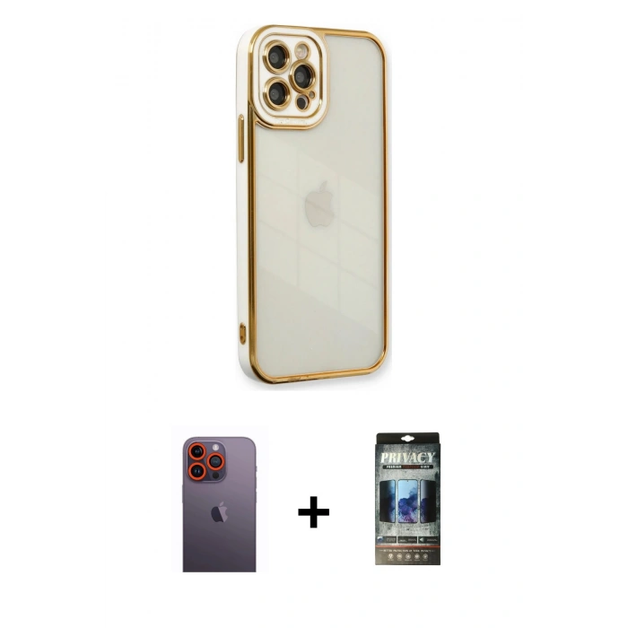 MARSİLYAN™- iPhone 12 Pro Kılıf Çekirdek Klasik Serisi - Siyah 34D Hayalet Izgaralı Cam + Neon Fosforlu Kamera Lens - TU