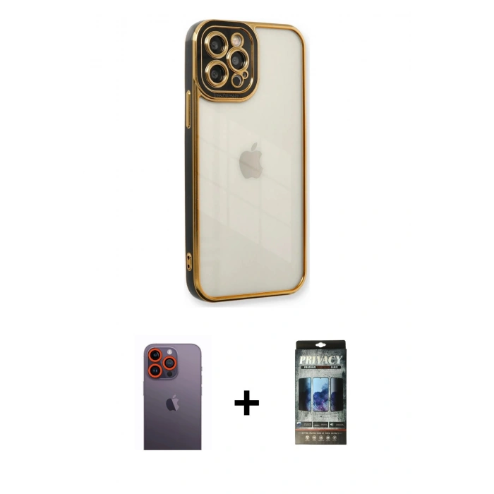 MARSİLYAN™- iPhone 12 Pro Kılıf Çekirdek Klasik Serisi - Siyah 34D Hayalet Izgaralı Cam + Neon Fosforlu Kamera Lens - TU