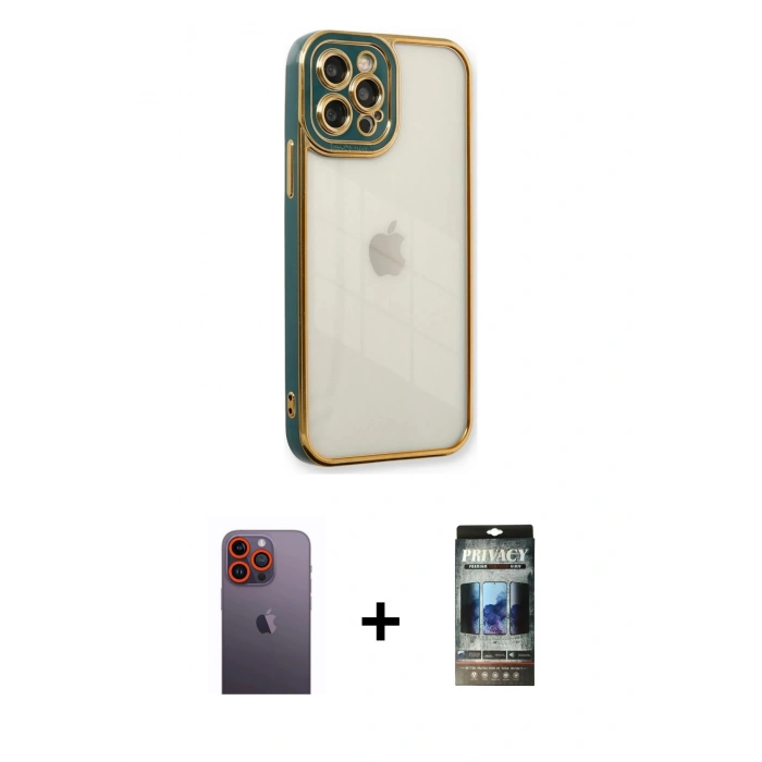 MARSİLYAN™- iPhone 12 Pro Kılıf Çekirdek Klasik Serisi - Siyah 34D Hayalet Izgaralı Cam + Neon Fosforlu Kamera Lens - TU