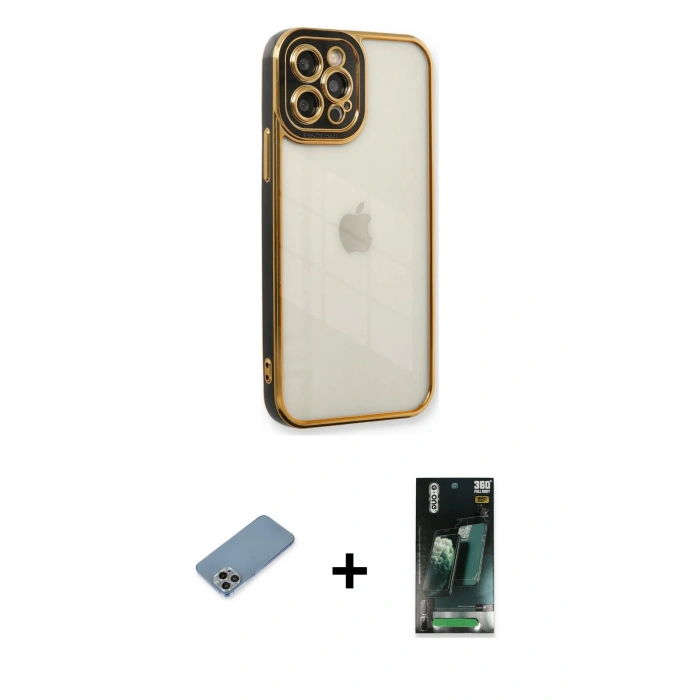 MARSİLYAN™- iPhone 12 Pro Kılıf Çekirdek Klasik Serisi - Siyah 360 Mat Full Body Arka Koruyucu + Shine Kamera Lens Koruma Cam - GI