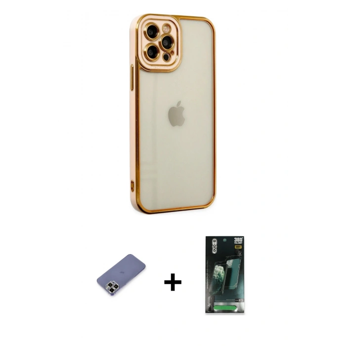 MARSİLYAN™- iPhone 12 Pro Kılıf Çekirdek Klasik Serisi - Siyah 360 Mat Full Body Arka Koruyucu + Metal Kamera Lens Koruma Cam - GD