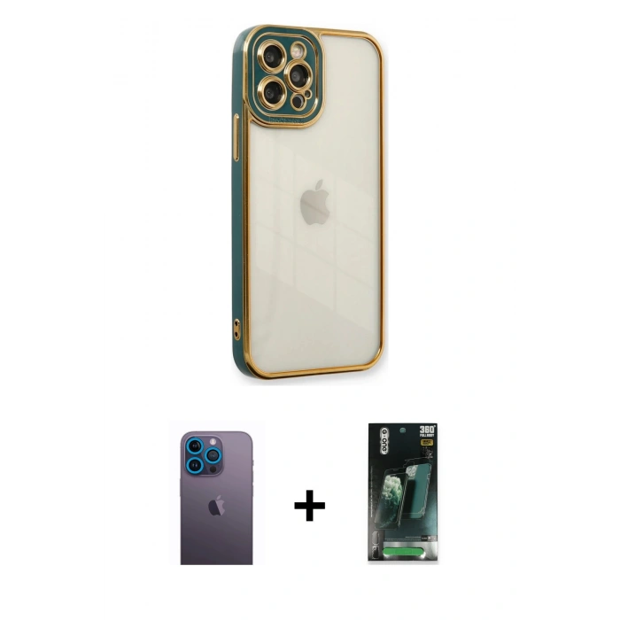 MARSİLYAN™- iPhone 12 Pro Kılıf Çekirdek Klasik Serisi - Siyah 360 Mat Full Body Arka Koruyucu + Mavi Neon Fosforlu Kamera Lens