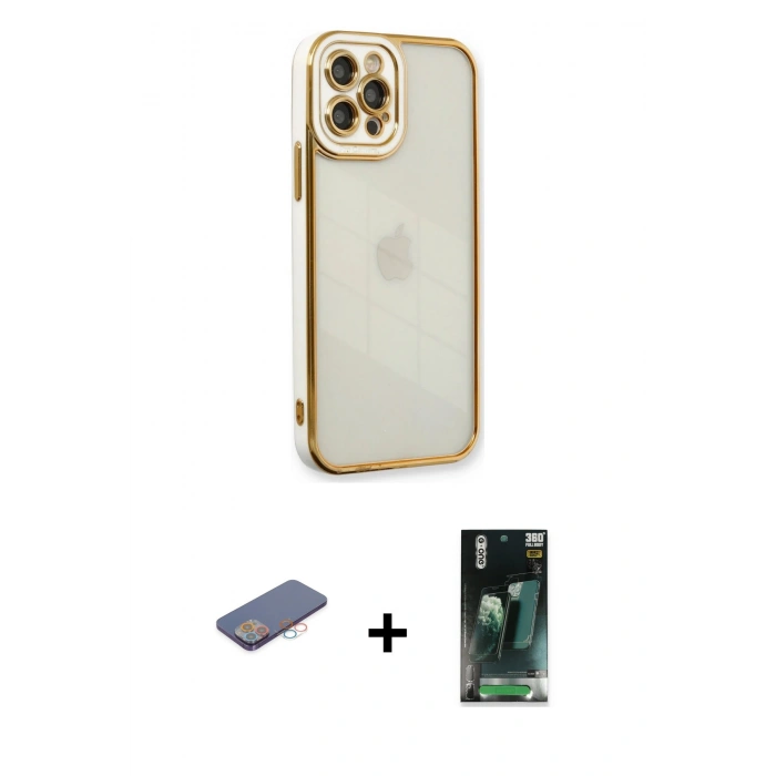 MARSİLYAN™- iPhone 12 Pro Kılıf Çekirdek Klasik Serisi - Siyah 360 Mat Full Body Arka Koruyucu + Renkli Kamera Lens Koruma Cam - PE
