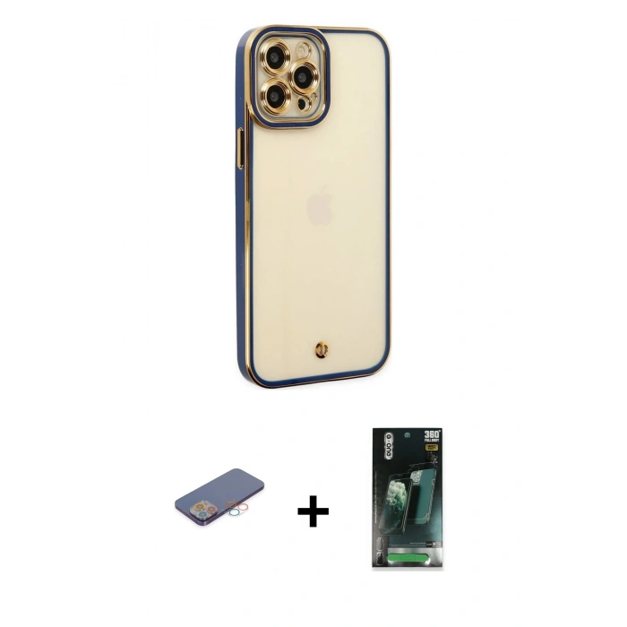 MARSİLYAN™- iPhone 12 Pro Kılıf Çekirdek Klasik Serisi - Siyah 360 Mat Full Body Arka Koruyucu + Renkli Kamera Lens Koruma Cam - PE