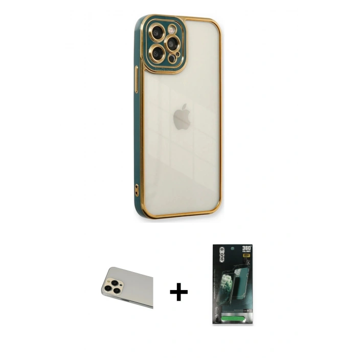 MARSİLYAN™- iPhone 12 Pro Kılıf Çekirdek Klasik Serisi - Siyah 360 Mat Full Body Arka Koruyucu + Rainbow Kamera Lens Koruma Cam - GD