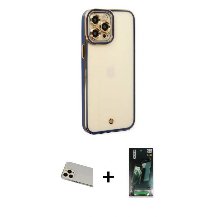 MARSİLYAN™- iPhone 12 Pro Kılıf Çekirdek Klasik Serisi - Siyah 360 Mat Full Body Arka Koruyucu + Rainbow Kamera Lens Koruma Cam - GD