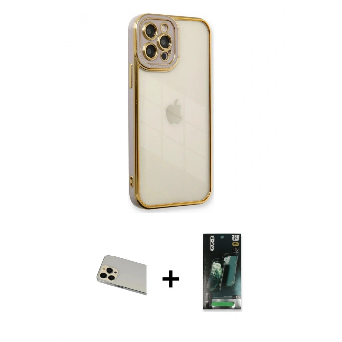 MARSİLYAN™- iPhone 12 Pro Kılıf Çekirdek Klasik Serisi - Siyah 360 Mat Full Body Arka Koruyucu + Rainbow Kamera Lens Koruma Cam - GD