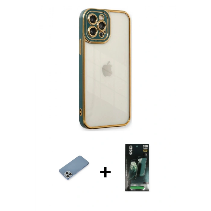 MARSİLYAN™- iPhone 12 Pro Kılıf Çekirdek Klasik Serisi - Siyah 360 Mat Full Body Arka Koruyucu + Shine Kamera Lens Koruma Cam - GS
