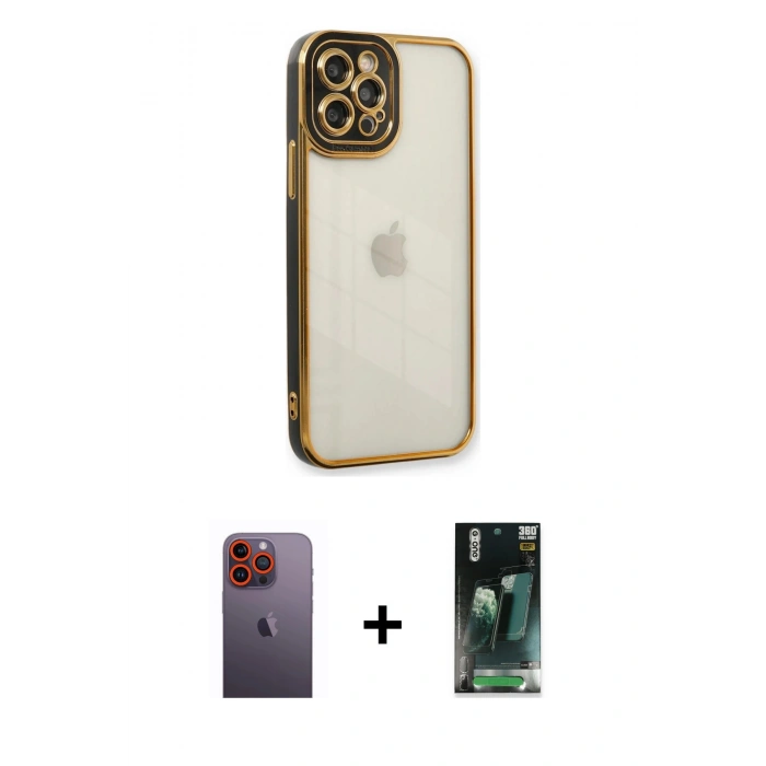 MARSİLYAN™- iPhone 12 Pro Kılıf Çekirdek Klasik Serisi - Siyah 360 Mat Full Body Arka Koruyucu + Neon Fosforlu Kamera Lens - TU