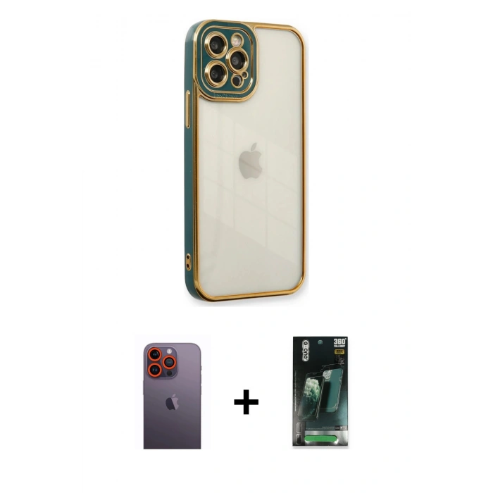 MARSİLYAN™- iPhone 12 Pro Kılıf Çekirdek Klasik Serisi - Siyah 360 Mat Full Body Arka Koruyucu + Neon Fosforlu Kamera Lens - TU