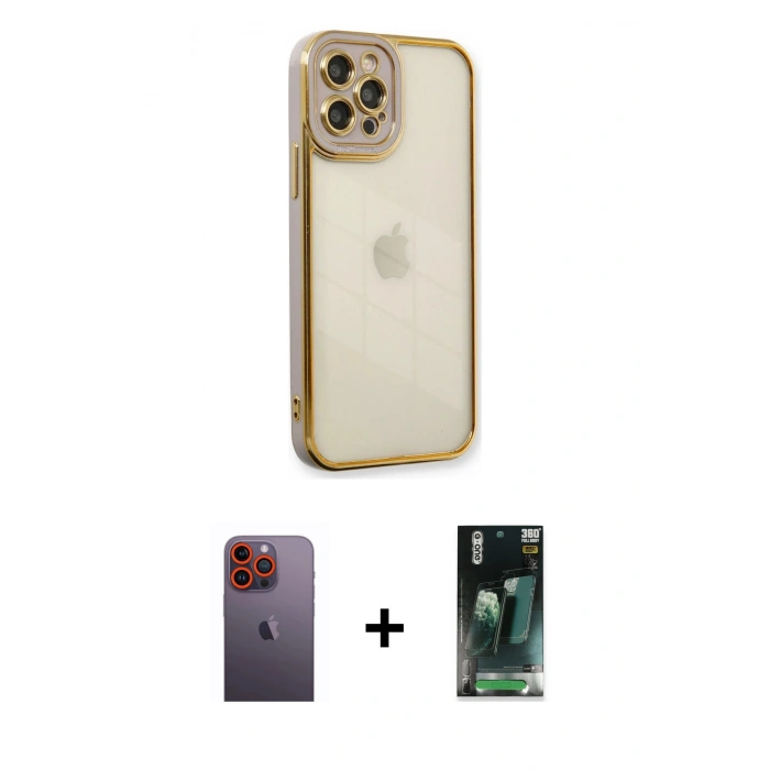 MARSİLYAN™- iPhone 12 Pro Kılıf Çekirdek Klasik Serisi - Siyah 360 Mat Full Body Arka Koruyucu + Neon Fosforlu Kamera Lens - TU
