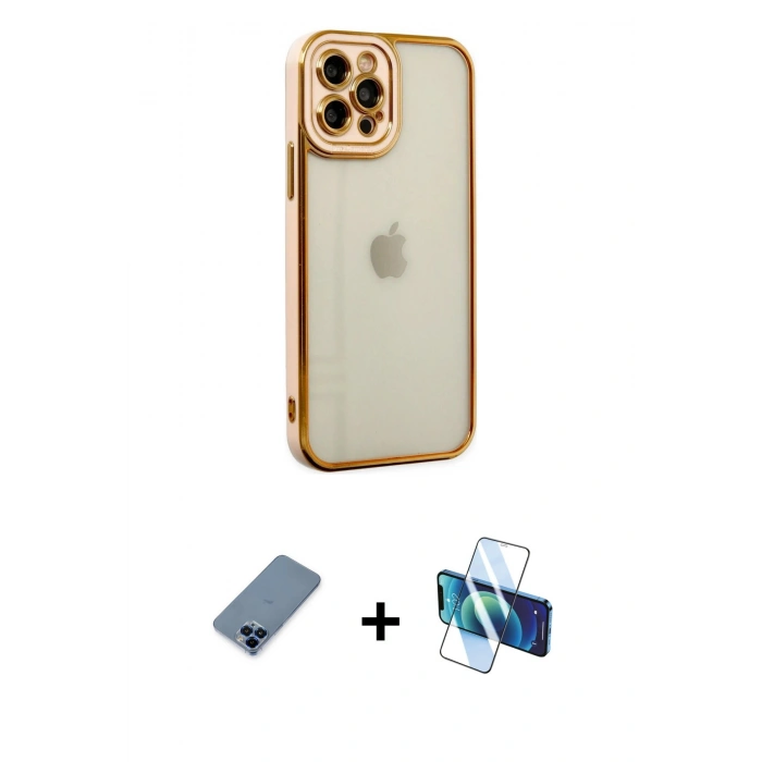 MARSİLYAN™- iPhone 12 Pro Kılıf Çekirdek Klasik Serisi - Siyah 3D Antistatik Cam Ekran Koruyucu + Metal Kamera Lens Koruma Cam - MI