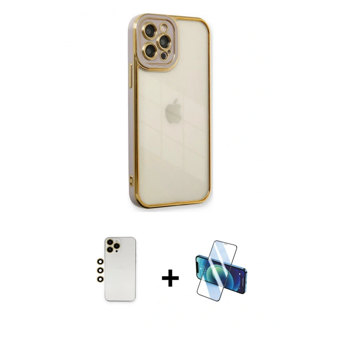 MARSİLYAN™- iPhone 12 Pro Kılıf Çekirdek Klasik Serisi - Siyah 3D Antistatik Cam Ekran Koruyucu + Shine Kamera Lens - GD