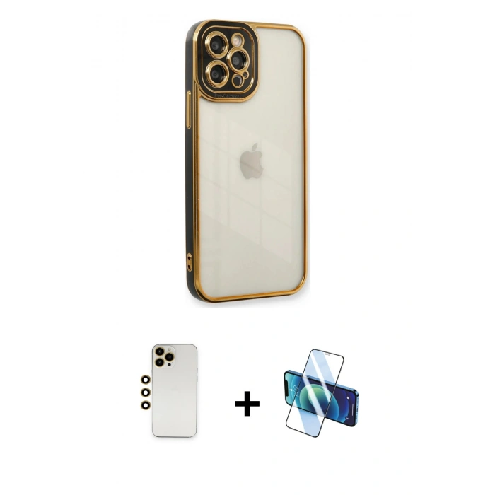 MARSİLYAN™- iPhone 12 Pro Kılıf Çekirdek Klasik Serisi - Siyah 3D Antistatik Cam Ekran Koruyucu + Shine Kamera Lens - GD