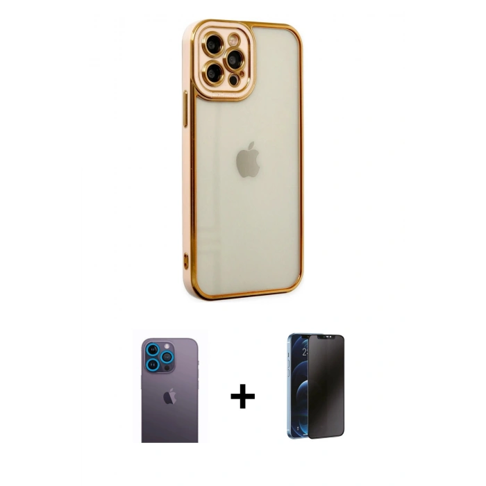 MARSİLYAN™- iPhone 12 Pro Kılıf Çekirdek Klasik Serisi - Siyah 3D Antistatik Hayalet Cam Ekran Koruyucu + Neon Fosforlu Kamera Lens - MI