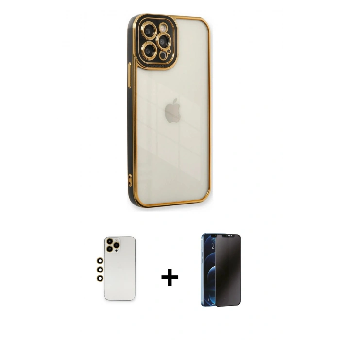 MARSİLYAN™- iPhone 12 Pro Kılıf Çekirdek Klasik Serisi - Siyah 3D Antistatik Hayalet Cam Ekran Koruyucu + Shine Kamera Lens - GD