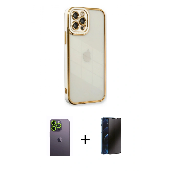 MARSİLYAN™- iPhone 12 Pro Kılıf Çekirdek Klasik Serisi - Siyah 3D Antistatik Hayalet Cam Ekran Koruyucu + Neon Fosforlu Kamera Lens - YL