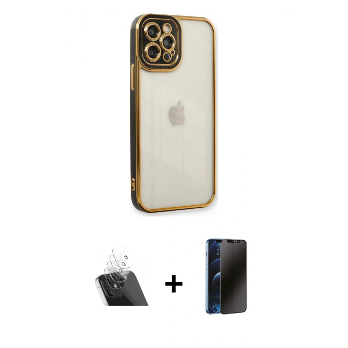 MARSİLYAN™- iPhone 12 Pro Kılıf Çekirdek Klasik Serisi - Siyah 3D Antistatik Hayalet Cam Ekran Koruyucu + Kamera Lens Koruma Cam - SF