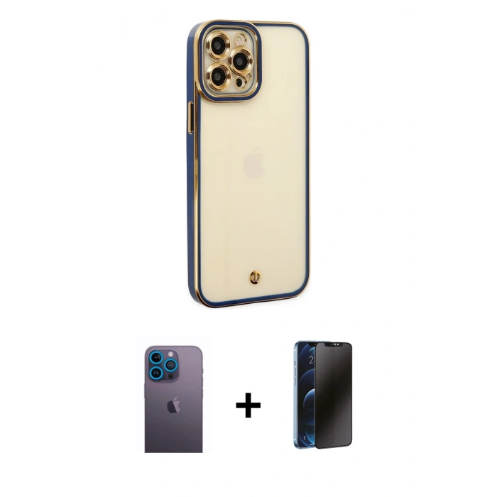 MARSİLYAN™- iPhone 12 Pro Kılıf Çekirdek Klasik Serisi - Siyah 3D Antistatik Hayalet Cam Ekran Koruyucu + Neon Fosforlu Kamera Lens - MI