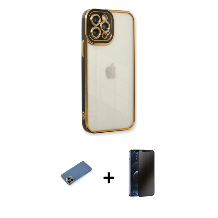 MARSİLYAN™- iPhone 12 Pro Kılıf Çekirdek Klasik Serisi - Siyah 3D Antistatik Hayalet Cam Ekran Koruyucu + Shine Kamera Lens Koruma Cam - GD