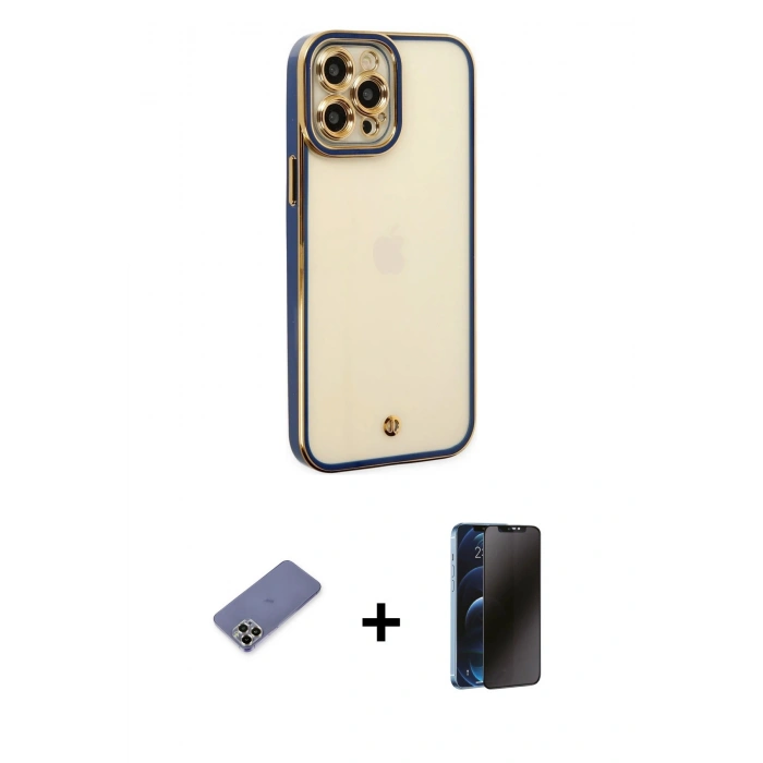 MARSİLYAN™- iPhone 12 Pro Kılıf Çekirdek Klasik Serisi - Siyah 3D Antistatik Hayalet Cam Ekran Koruyucu + Metal Kamera Lens Koruma Cam - GD