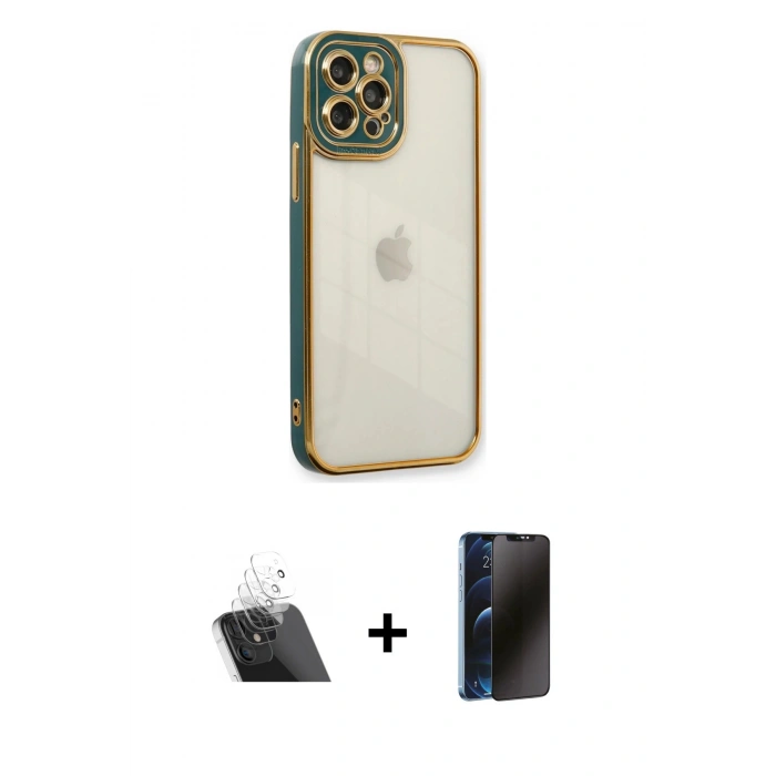 MARSİLYAN™- iPhone 12 Pro Kılıf Çekirdek Klasik Serisi - Siyah 3D Antistatik Hayalet Cam Ekran Koruyucu + Kamera Lens Koruma Cam - SF