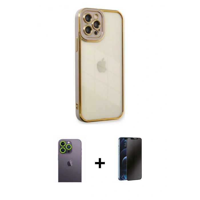 MARSİLYAN™- iPhone 12 Pro Kılıf Çekirdek Klasik Serisi - Siyah 3D Antistatik Hayalet Cam Ekran Koruyucu + Neon Fosforlu Kamera Lens - YL