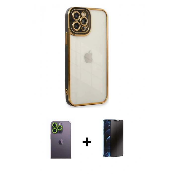 MARSİLYAN™- iPhone 12 Pro Kılıf Çekirdek Klasik Serisi - Siyah 3D Antistatik Hayalet Cam Ekran Koruyucu + Neon Fosforlu Kamera Lens - YL