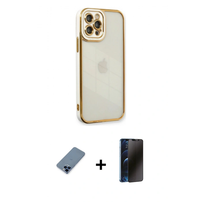 MARSİLYAN™- iPhone 12 Pro Kılıf Çekirdek Klasik Serisi - Siyah 3D Antistatik Hayalet Cam Ekran Koruyucu + Metal Kamera Lens Koruma Cam - MI