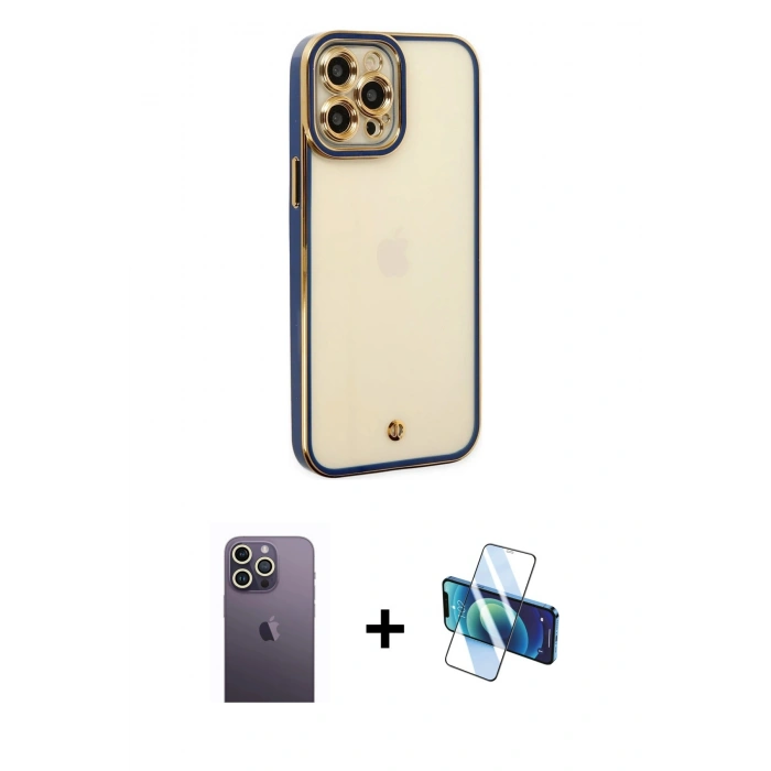 MARSİLYAN™- iPhone 12 Pro Kılıf Çekirdek Klasik Serisi - Siyah 3D Antistatik Seramik Nano Ekran Koruyucu + Beyaz Neon Fosforlu Kamera Lens